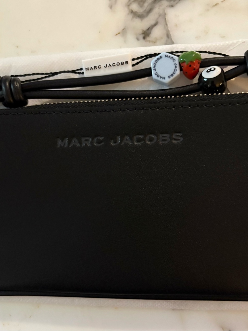 Marc Jacobs Black Leather Zip Pouch with Bead Tassel Charm